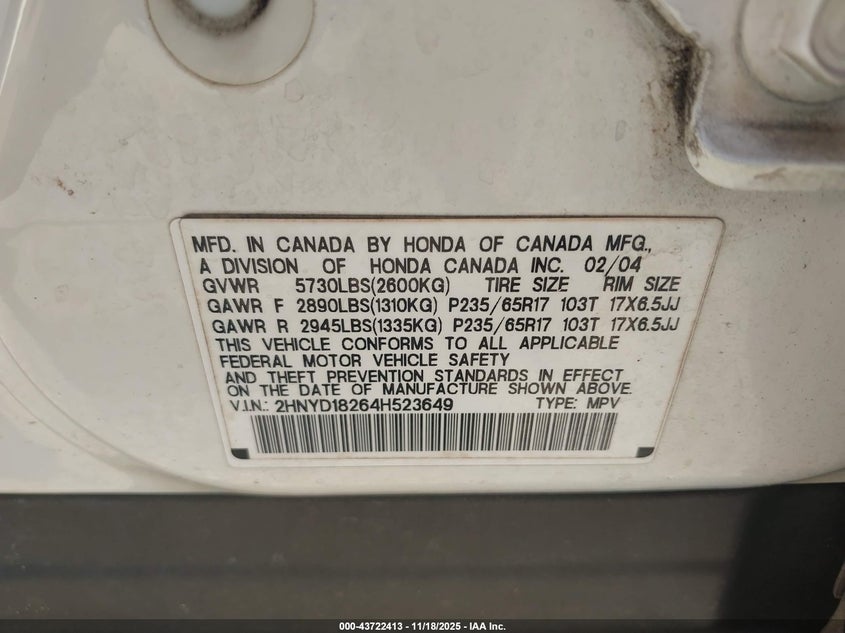 2004 Acura Mdx VIN: 2HNYD18264H523649 Lot: 43722413