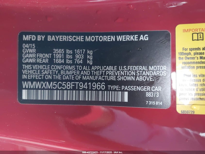 2015 Mini Hardtop Cooper VIN: WMWXM5C58FT941966 Lot: 43722423