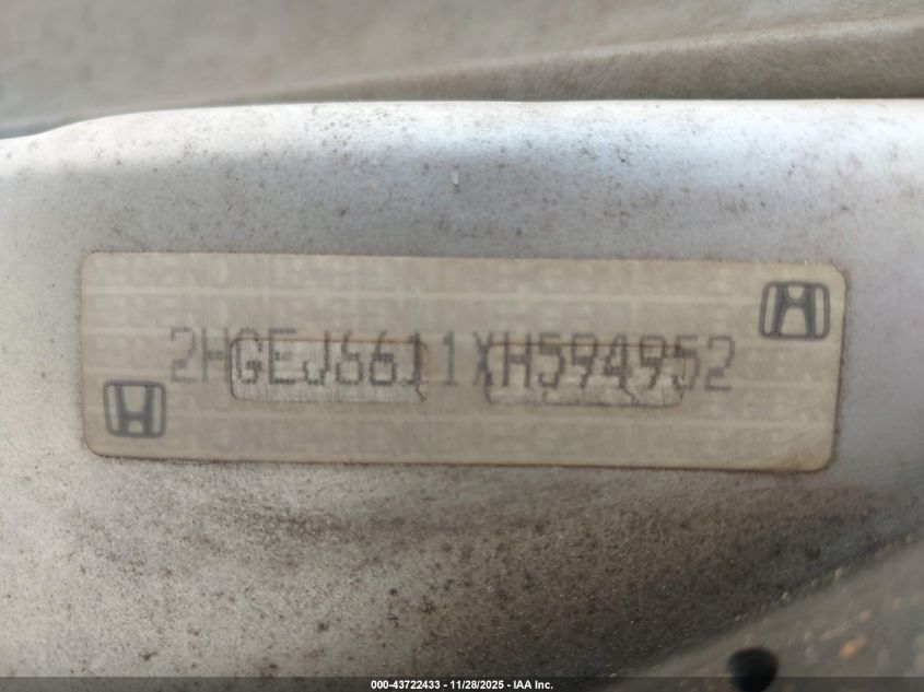 1999 Honda Civic Value Package VIN: 2HGEJ6611XH594952 Lot: 43722433