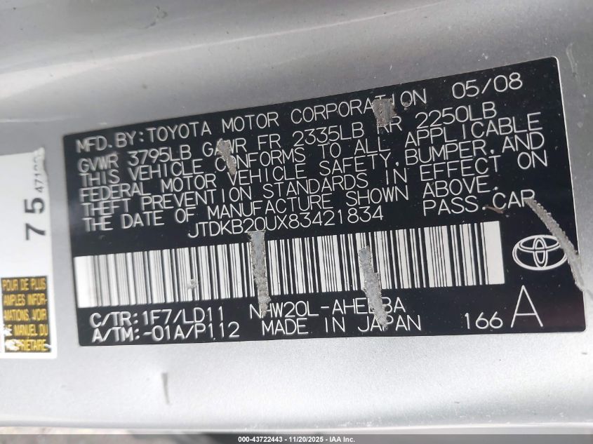 2008 Toyota Prius VIN: JTDKB20UX83421834 Lot: 43722443