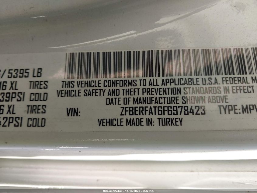 2015 Ram Promaster City Tradesman VIN: ZFBERFAT6F6978423 Lot: 43722449