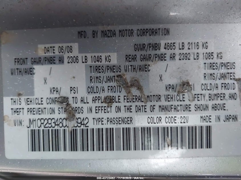 2008 Mazda Mazda5 Sport VIN: JM1CR293480326942 Lot: 43722452