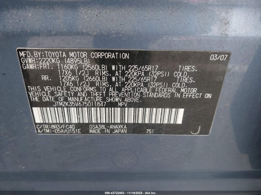 2007 Toyota Rav4 Base V6 VIN: JTMZK35V675011847 Lot: 43722453