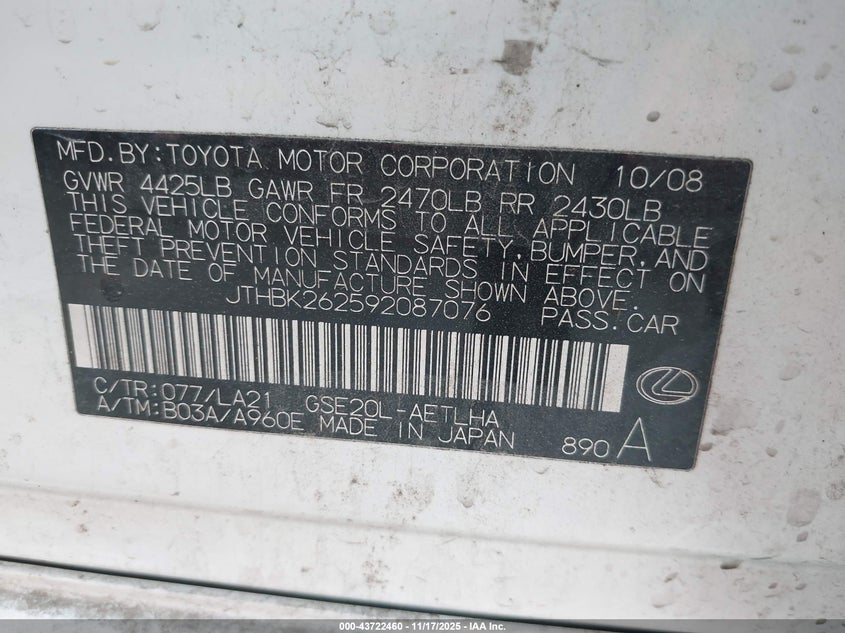 2009 Lexus Is 250 VIN: JTHBK262592087076 Lot: 43722460