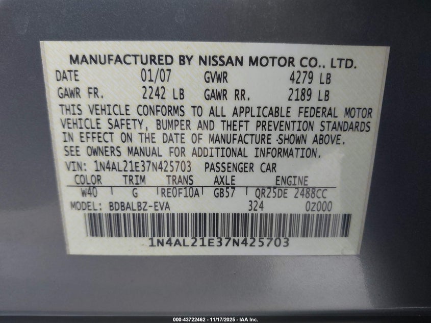 1N4AL21E37N425703 2007 NISSAN ALTIMA photo no. 9
