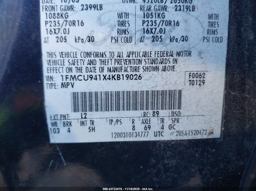 2004 Ford Escape Limited VIN: 1FMCU941X4KB19026 Lot: 43722476