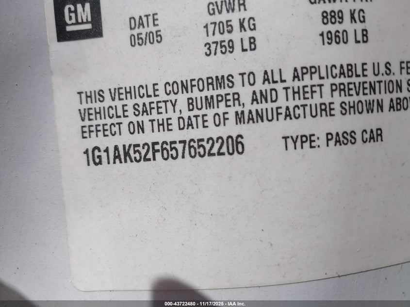 2005 Chevrolet Cobalt VIN: 1G1AK52F657652206 Lot: 43722480