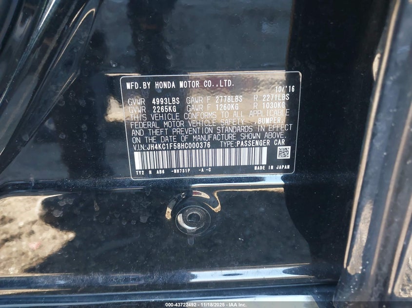 2017 Acura Rlx VIN: JH4KC1F58HC000376 Lot: 43722492