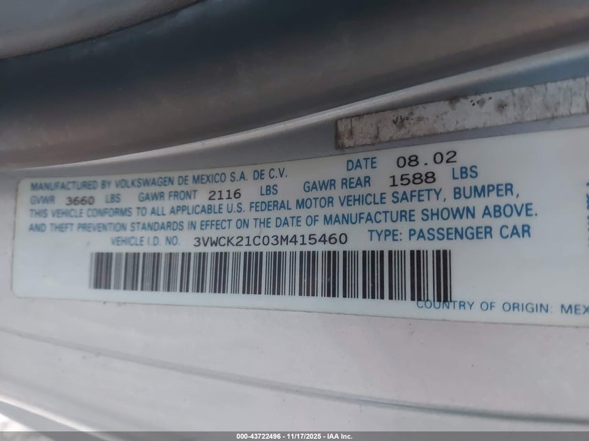 2003 Volkswagen New Beetle Gls 2.0L VIN: 3VWCK21C03M415460 Lot: 43722496