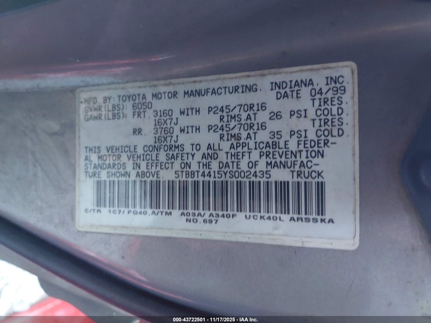 5TBBT4415YS002435 2000 TOYOTA TUNDRA photo no. 9