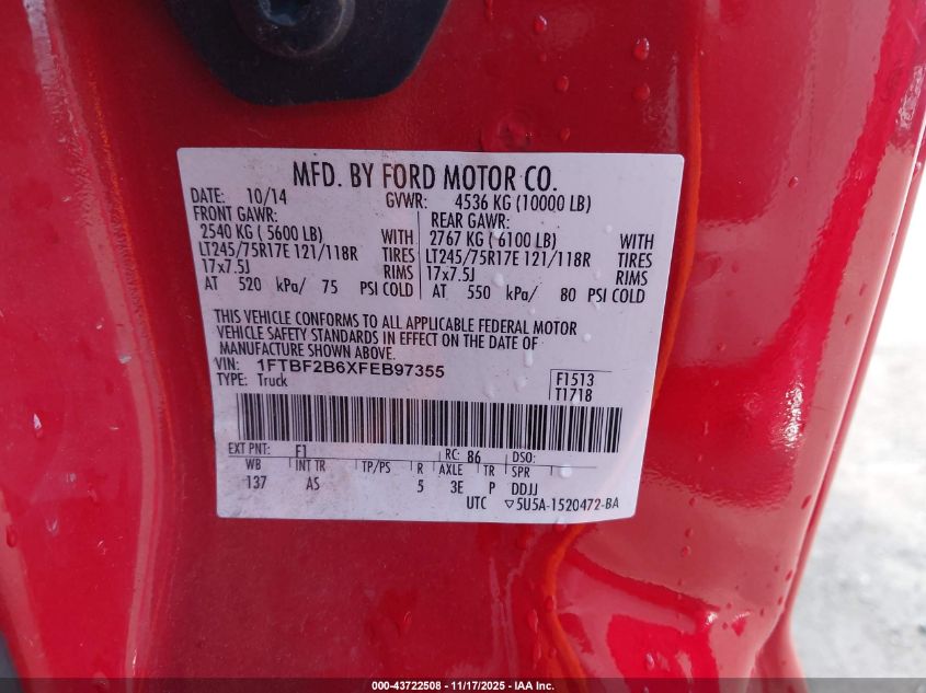 2015 Ford F-250 Xl VIN: 1FTBF2B6XFEB97355 Lot: 43722508