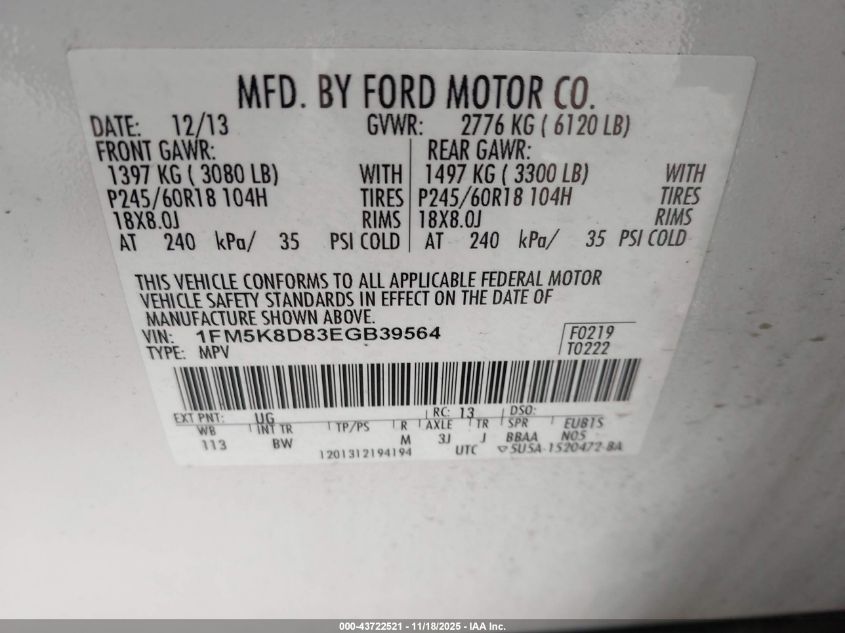 2014 Ford Explorer Xlt VIN: 1FM5K8D83EGB39564 Lot: 43722521