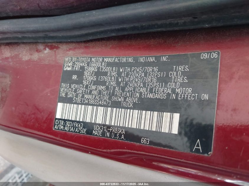 2006 Toyota Tundra Sr5 V8 VIN: 5TBET34186S548473 Lot: 43722533