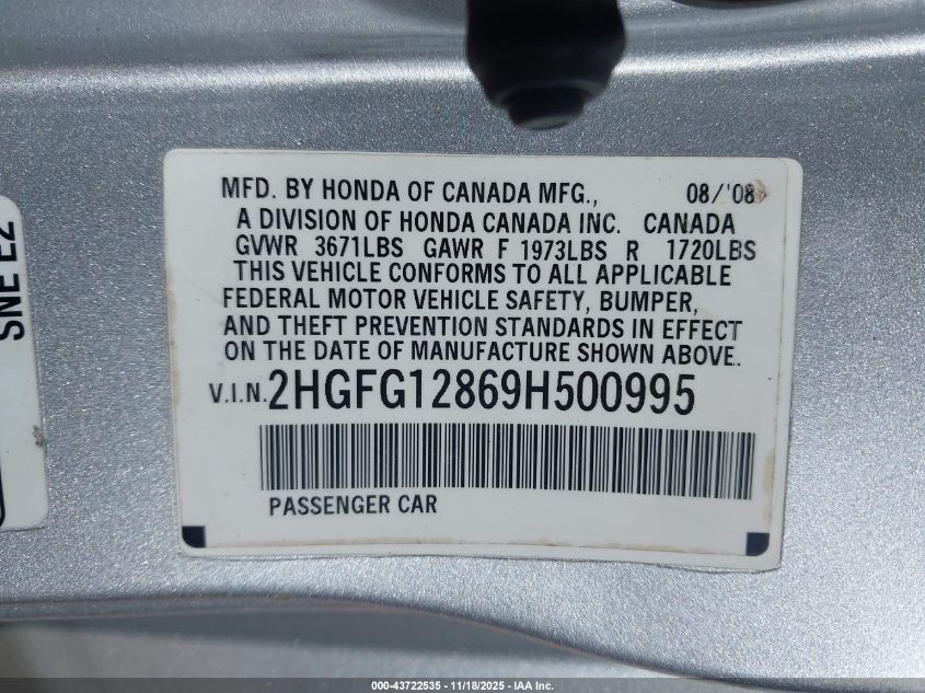 2009 Honda Civic Ex VIN: 2HGFG12869H500995 Lot: 43722535