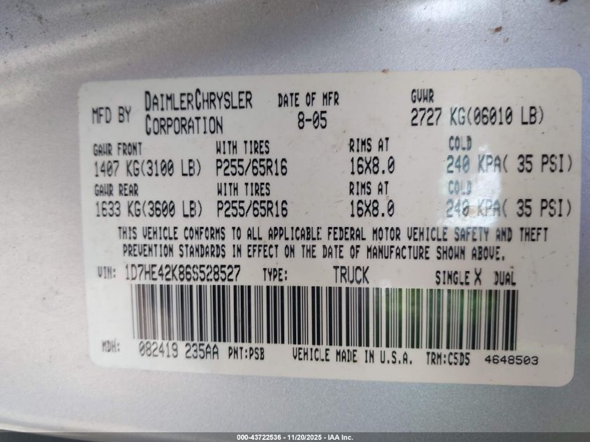 2006 Dodge Dakota Slt VIN: 1D7HE42K86S528527 Lot: 43722536