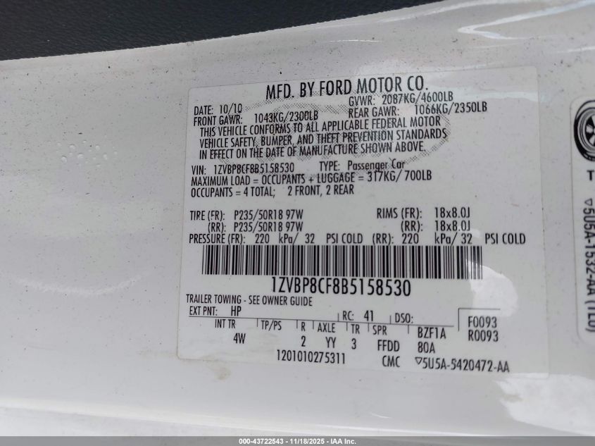 2011 Ford Mustang Gt Premium VIN: 1ZVBP8CF8B5158530 Lot: 43722543