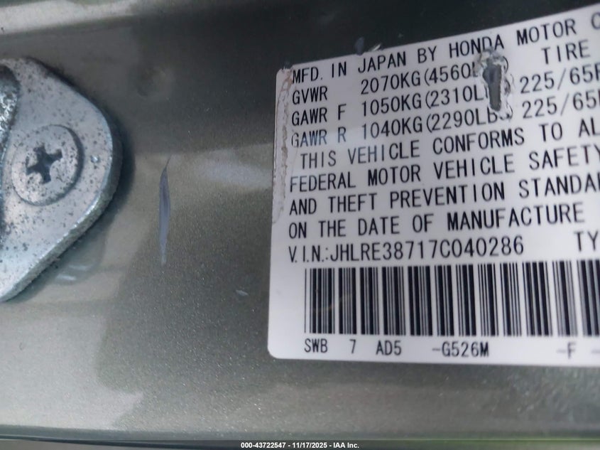 2007 Honda Cr-V Ex-L VIN: JHLRE38717C040286 Lot: 43722547