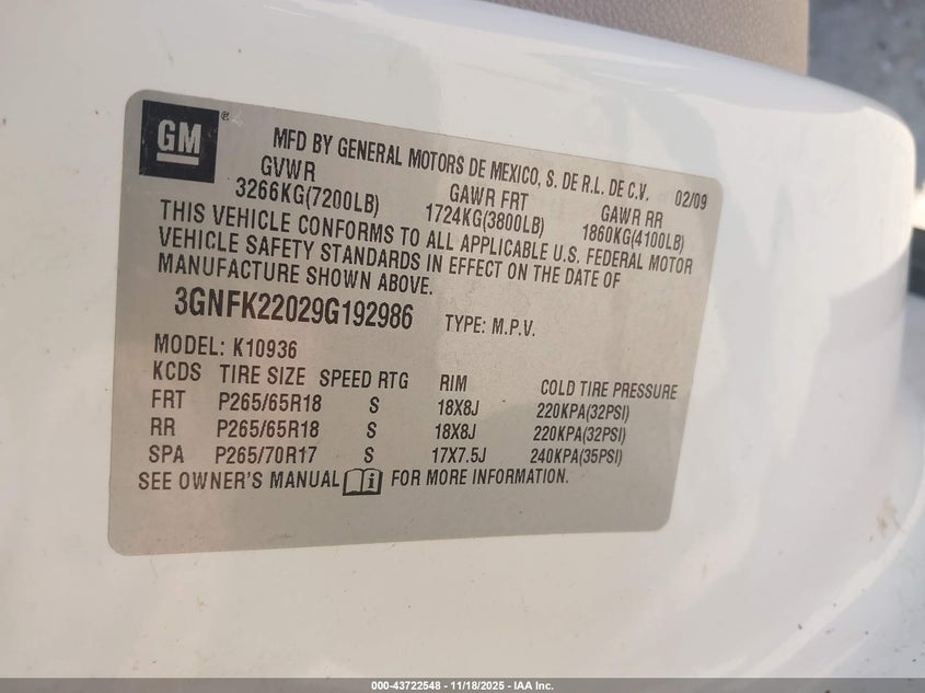 2009 Chevrolet Avalanche 1500 Lt2 VIN: 3GNFK22029G192986 Lot: 43722548