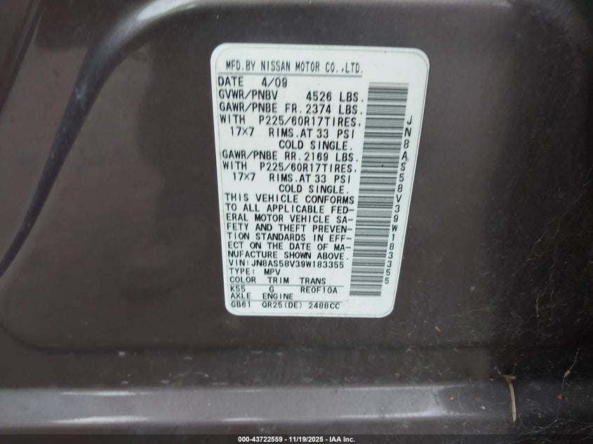 2009 Nissan Rogue Sl VIN: JN8AS58V39W183355 Lot: 43722559