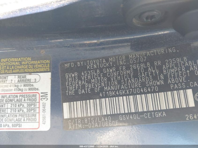 2007 Toyota Camry Xle V6 VIN: 4T1BK46KX7U046470 Lot: 43722565