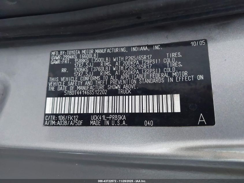 2006 Toyota Tundra Sr5 V8 VIN: 5TBDT44146S512202 Lot: 43722572