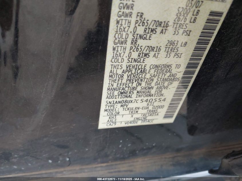 2007 Nissan Xterra S VIN: 5N1AN08UX7C540554 Lot: 43722573