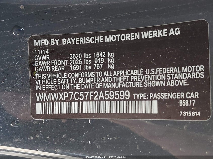 2015 Mini Hardtop Cooper S VIN: WMWXP7C57F2A59599 Lot: 43722574