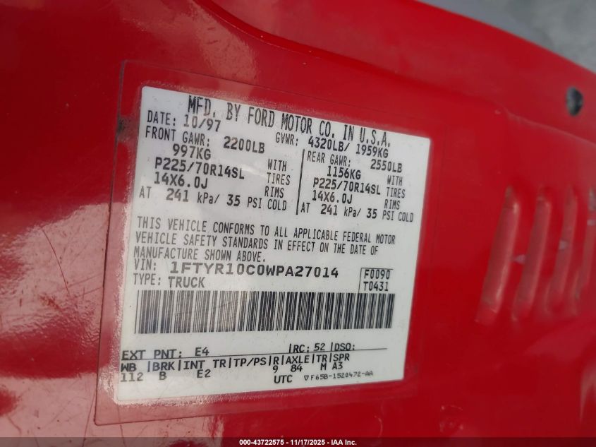 1998 Ford Ranger Splash/Xl/Xlt VIN: 1FTYR10C0WPA27014 Lot: 43722575