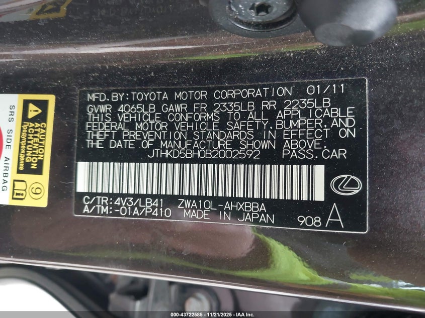 2011 Lexus Ct 200H Premium VIN: JTHKD5BH0B2002592 Lot: 43722585