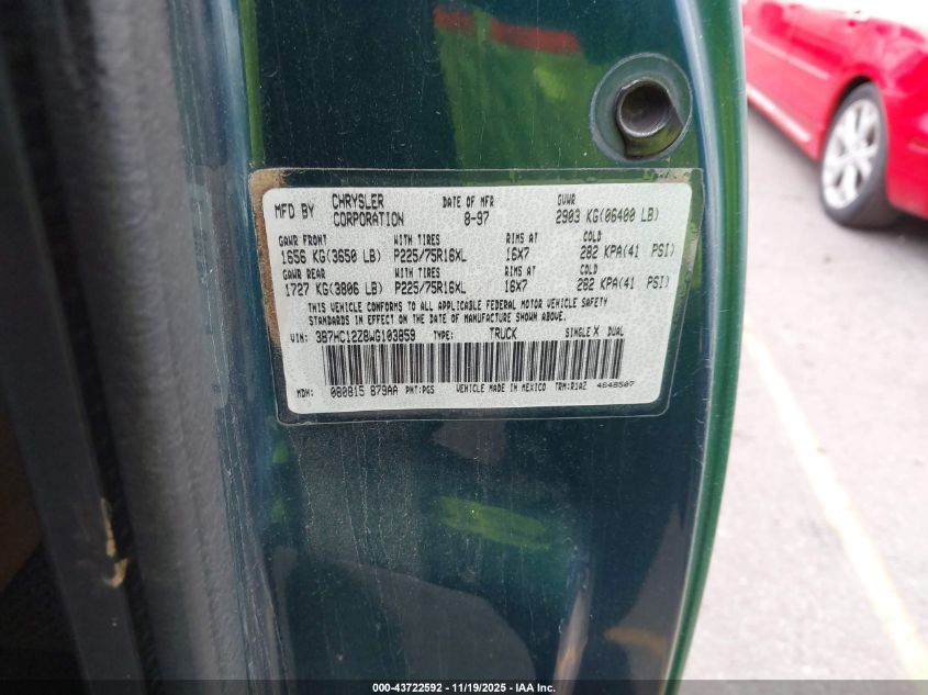 1998 Dodge Ram 1500 St VIN: 3B7HC12Z8WG103859 Lot: 43722592