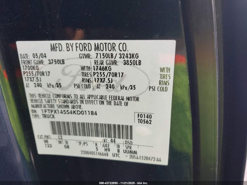 2004 Ford F-150 Fx4/Lariat/Xl/Xlt VIN: 1FTPX14554KD01184 Lot: 43722595