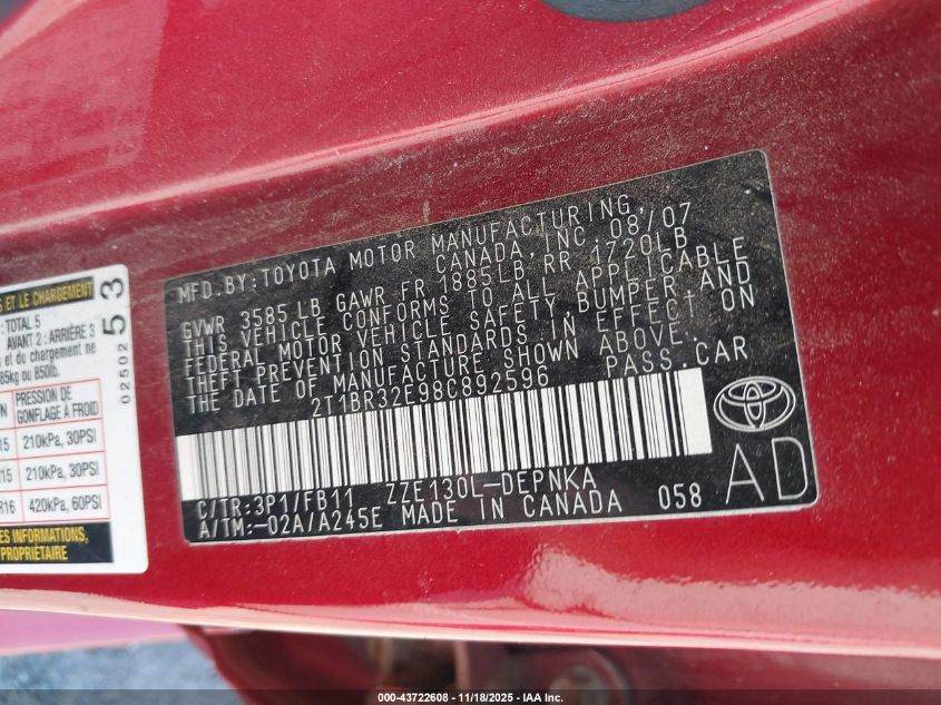 2008 Toyota Corolla Le VIN: 2T1BR32E98C892596 Lot: 43722608