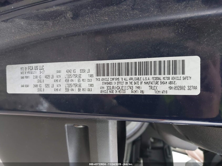 2018 Ram Promaster 3500 VIN: 3C6URVHGXJE111743 Lot: 43722624