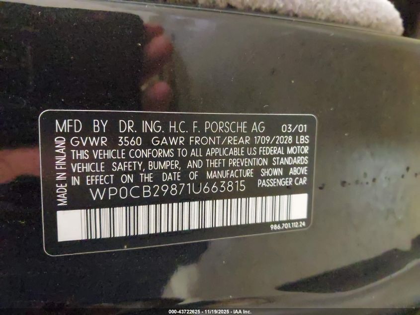 2001 Porsche Boxster S VIN: WP0CB29871U663815 Lot: 43722625