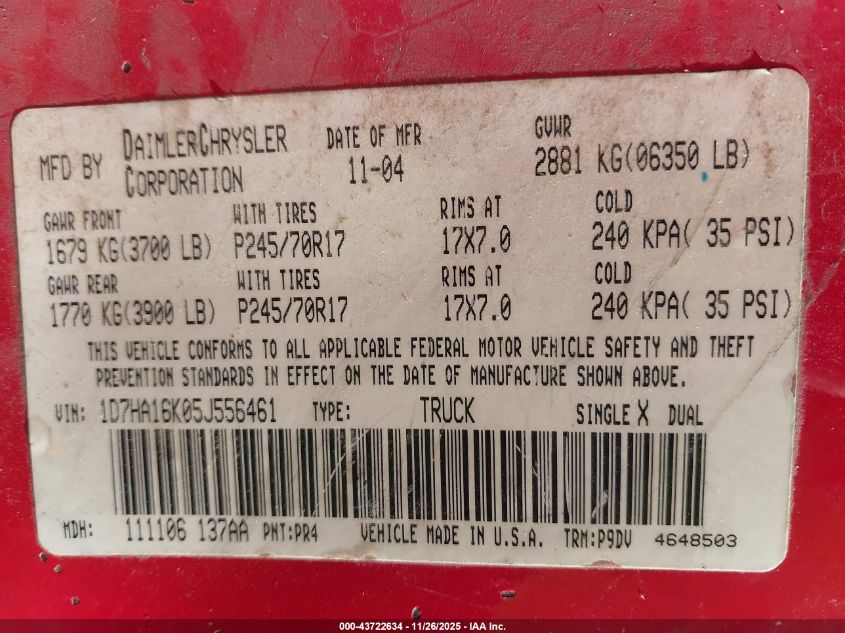 2005 Dodge Ram 1500 St VIN: 1D7HA16K05J556461 Lot: 43722634