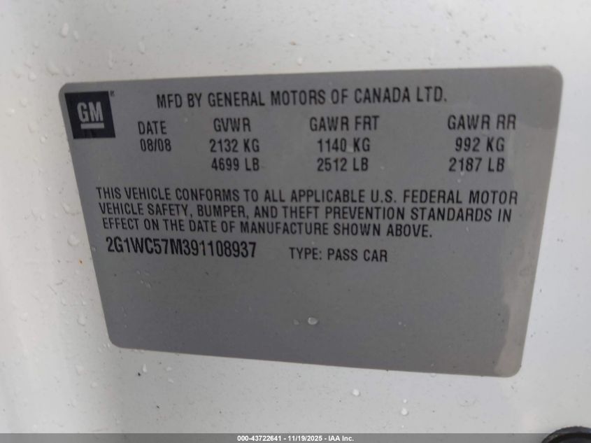 2009 Chevrolet Impala Lt VIN: 2G1WC57M391108937 Lot: 43722641