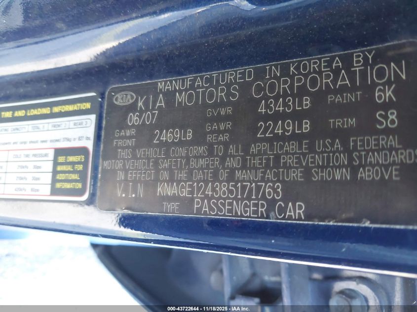 2008 Kia Optima Ex V6 VIN: KNAGE124385171763 Lot: 43722644