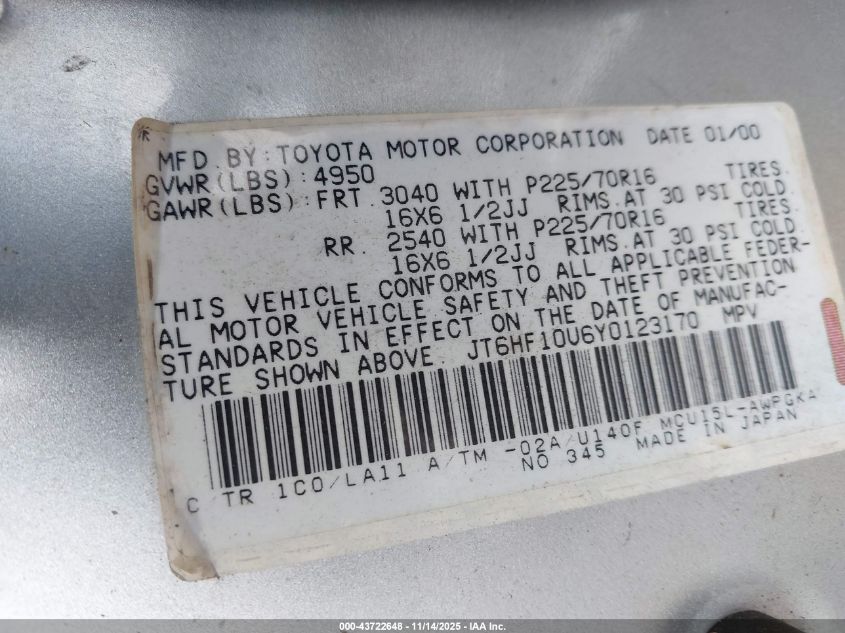 2000 Lexus Rx 300 VIN: JT6HF10U6Y0123170 Lot: 43722648