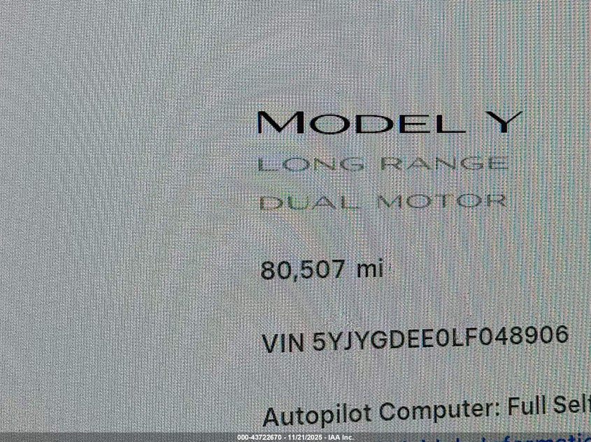 2020 Tesla Model Y Long Range Dual Motor All-Wheel Drive VIN: 5YJYGDEE0LF048906 Lot: 43722670