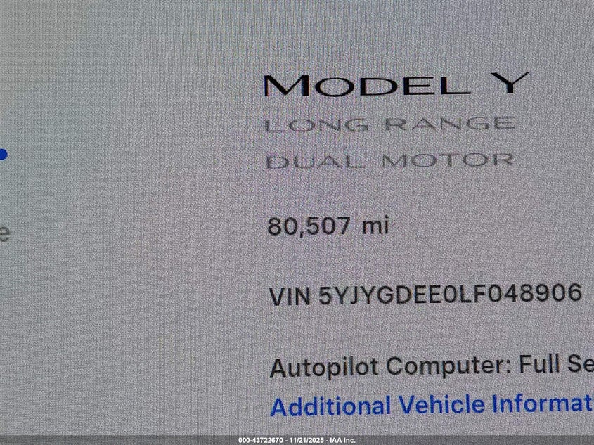 2020 Tesla Model Y Long Range Dual Motor All-Wheel Drive VIN: 5YJYGDEE0LF048906 Lot: 43722670