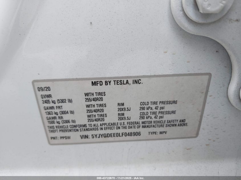 2020 Tesla Model Y Long Range Dual Motor All-Wheel Drive VIN: 5YJYGDEE0LF048906 Lot: 43722670