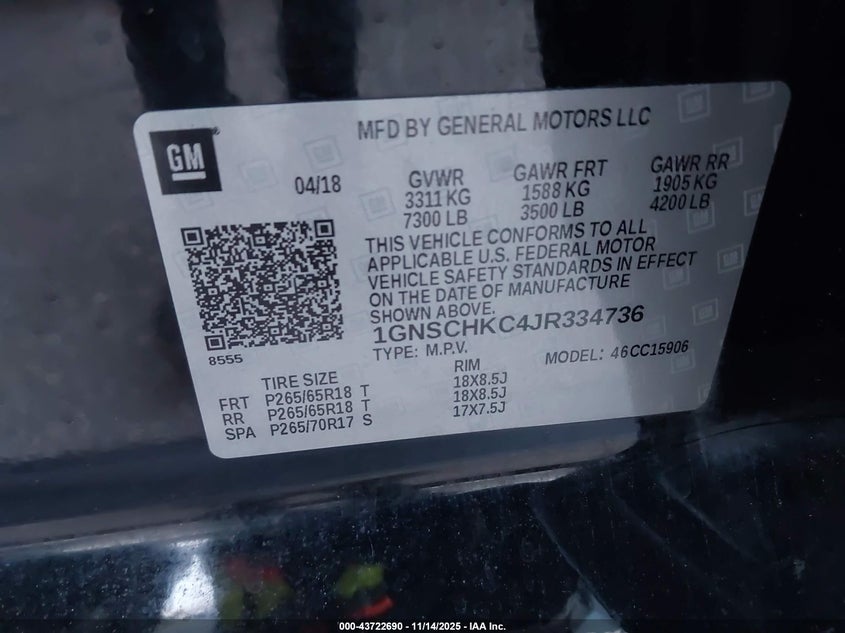 2018 Chevrolet Suburban Lt VIN: 1GNSCHKC4JR334736 Lot: 43722690