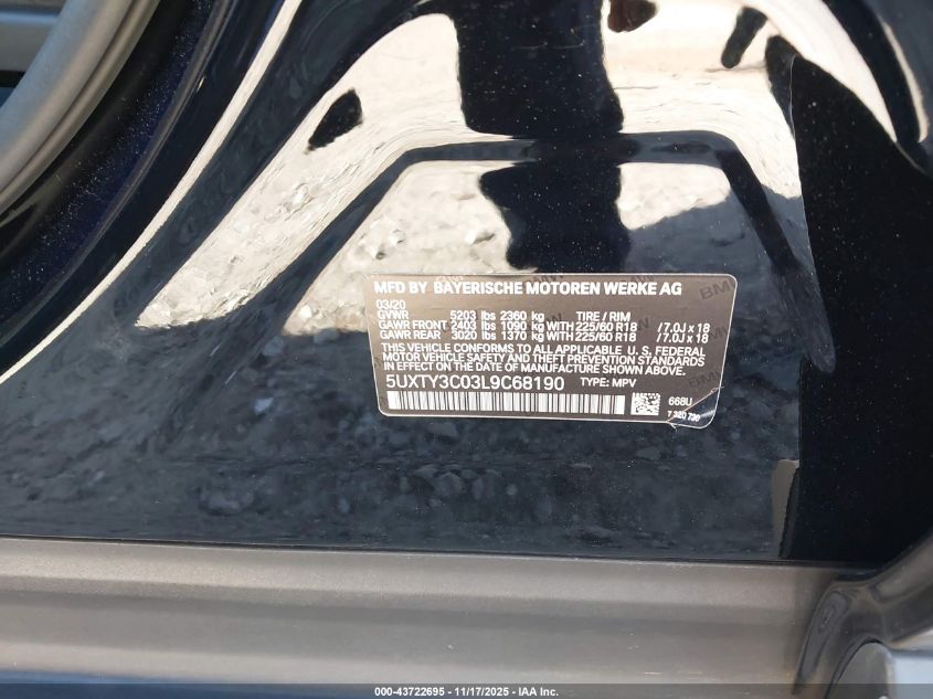 2020 BMW X3 Sdrive30I VIN: 5UXTY3C03L9C68190 Lot: 43722695