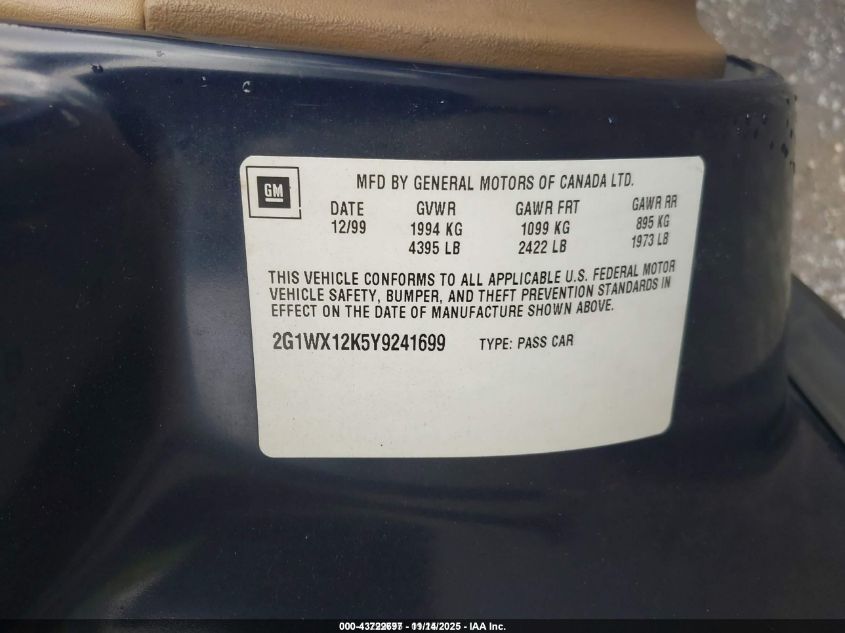 2000 Chevrolet Monte Carlo Ss VIN: 2G1WX12K5Y9241699 Lot: 43722697