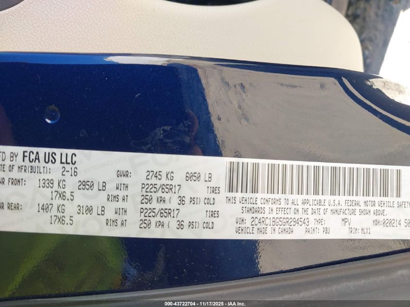 2016 Chrysler Town & Country Touring VIN: 2C4RC1BG5GR294543 Lot: 43722704