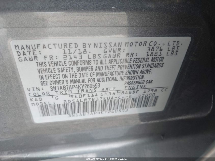 2019 Nissan Sentra VIN: 3N1AV7AP4KY260593 Lot: 43722714