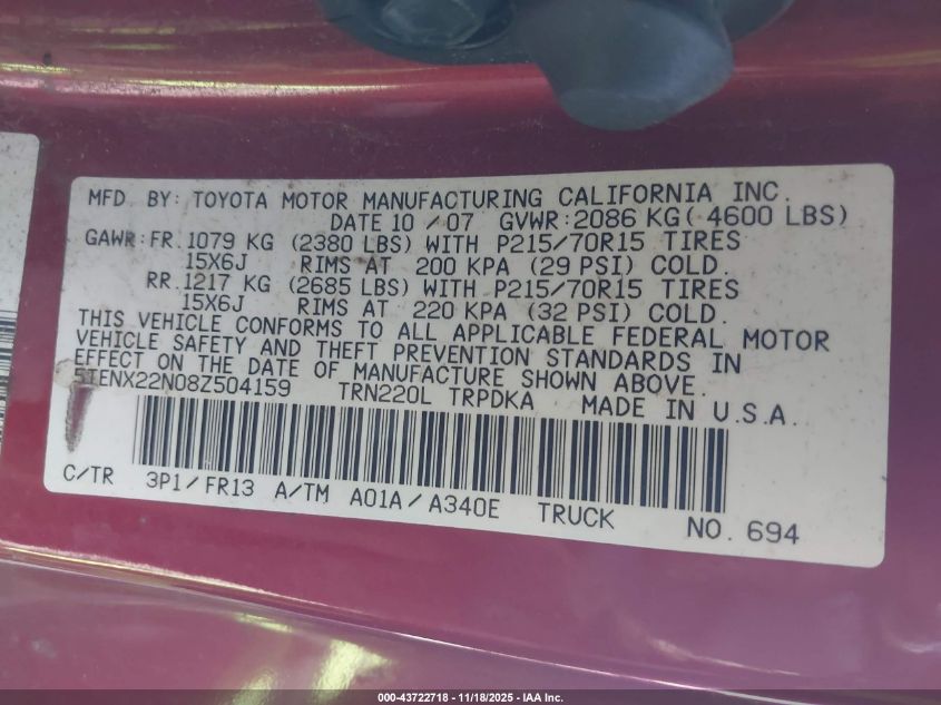 2008 Toyota Tacoma VIN: 5TENX22N08Z504159 Lot: 43722718