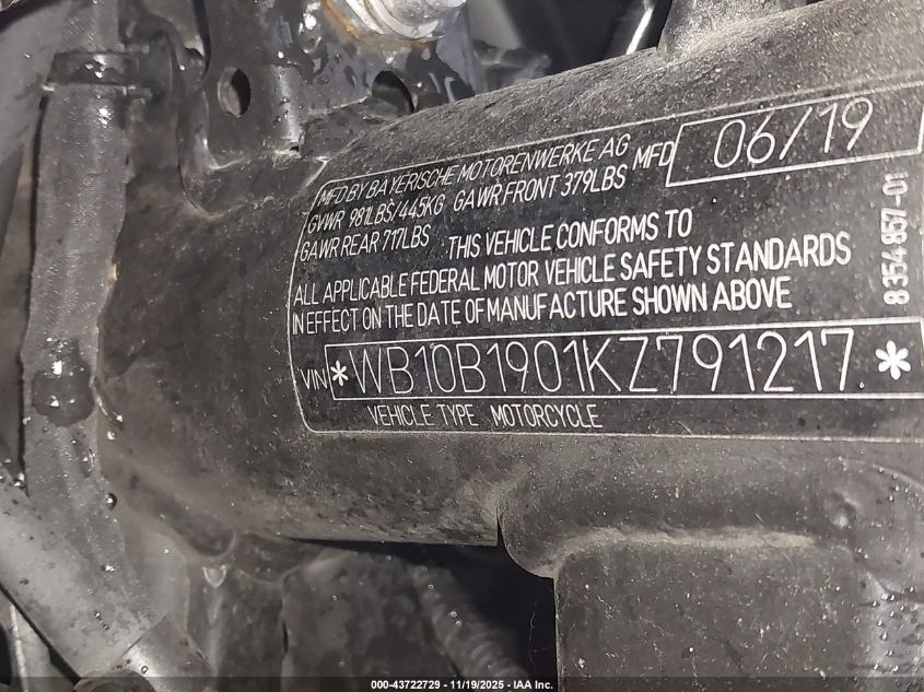 2019 BMW F 850 Gs VIN: WB10B1901KZ791217 Lot: 43722729