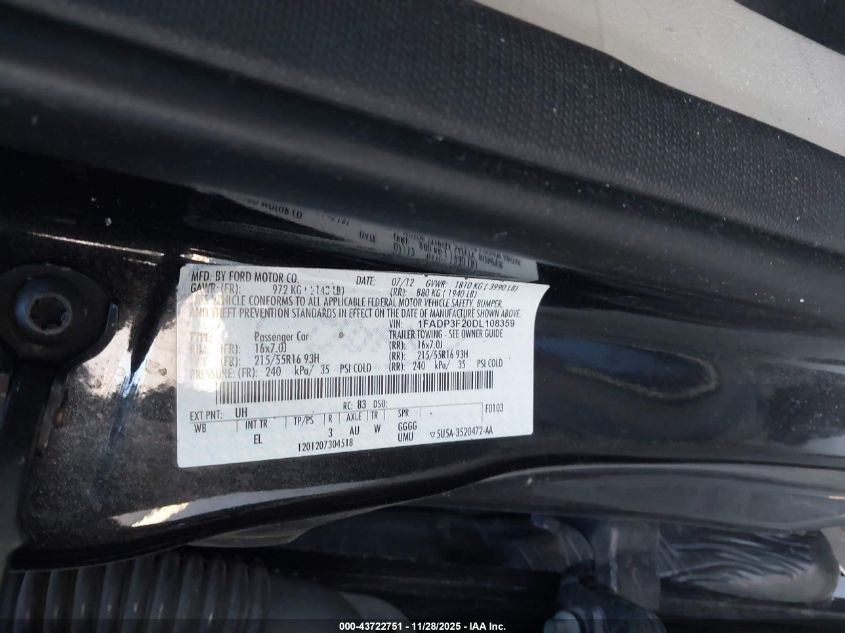 2013 Ford Focus Se VIN: 1FADP3F20DL108359 Lot: 43722751