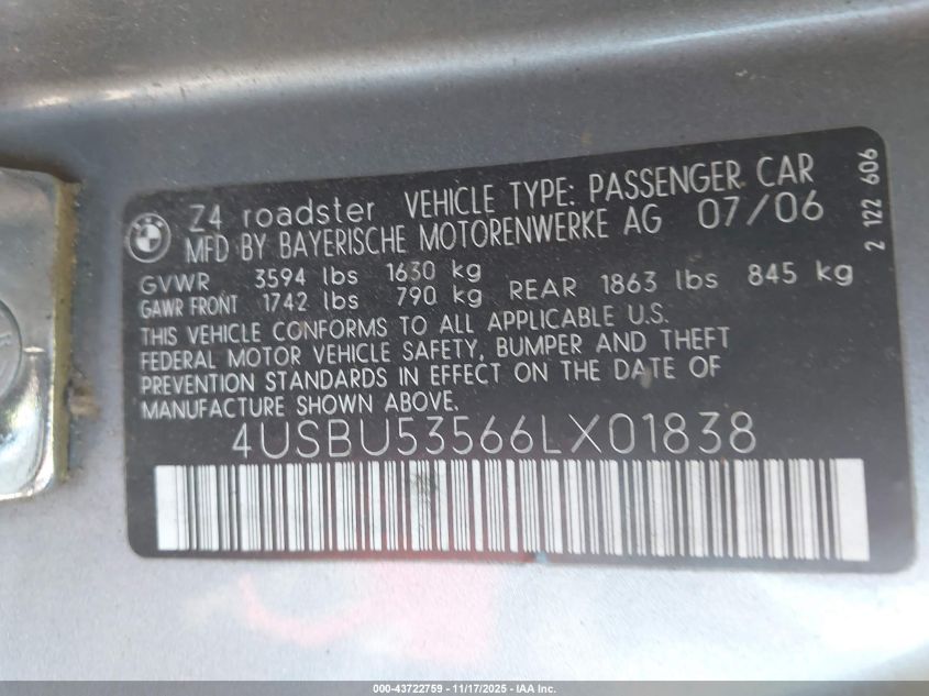 2006 BMW Z4 3.0Si VIN: 4USBU53566LX01838 Lot: 43722759